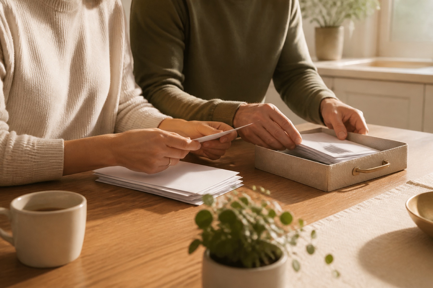 Two people calmly organizing household mail together