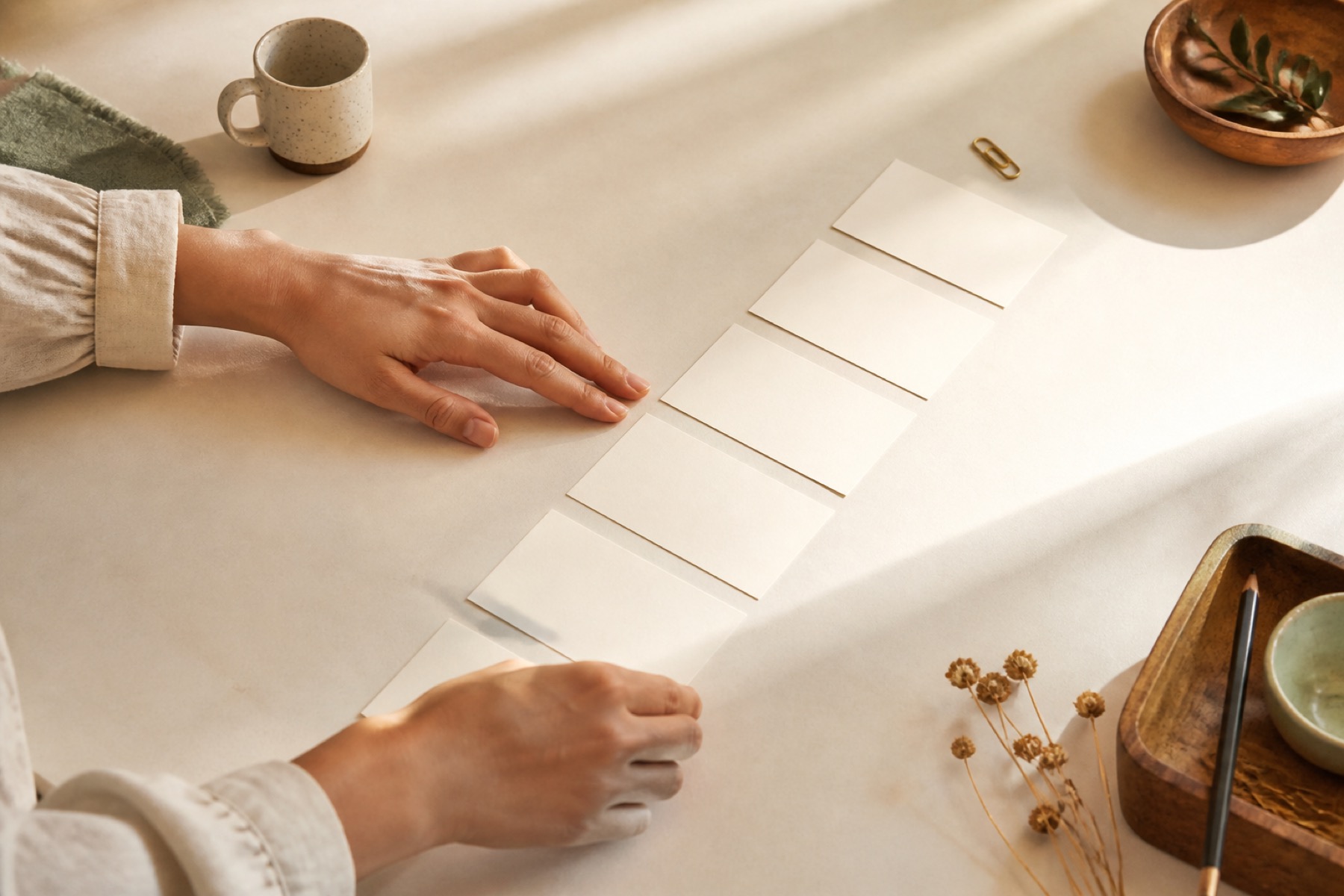 A person arranging a clear sequence of options on a sunlit table