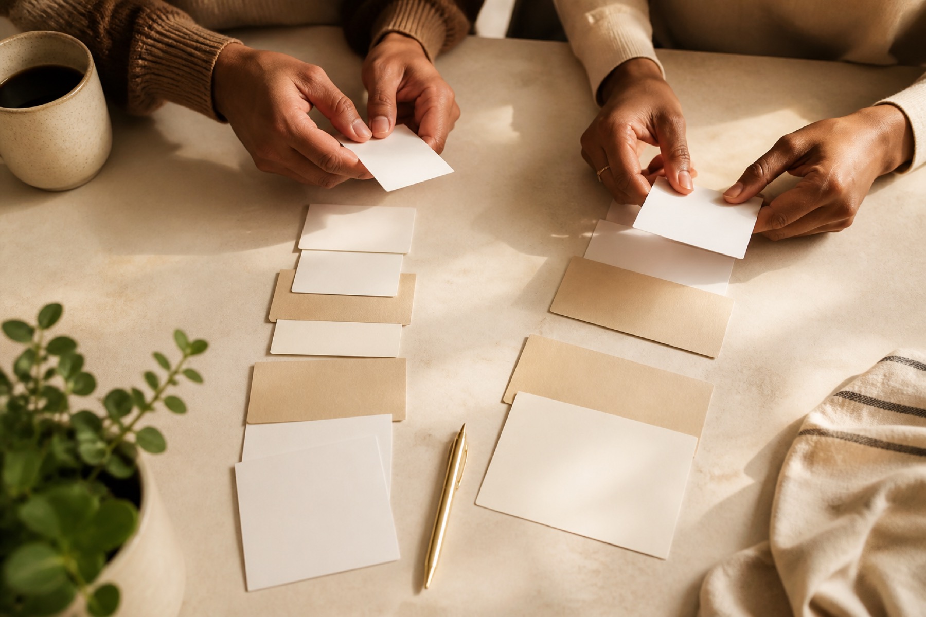 Two people sorting options into two paths at a sunlit table